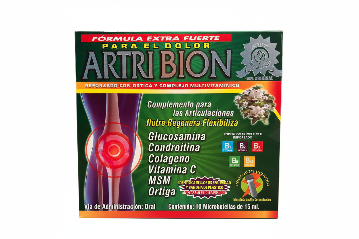 Box of Artribion arthritis supplement on a countertop with plants in the background