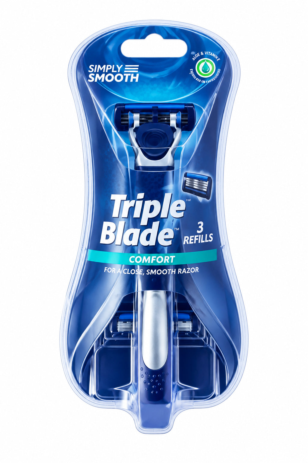 Simply Smooth Triple Blade Disposable Razor With 3 Refills And Aloe Strip "BLUE " (3PCS)
