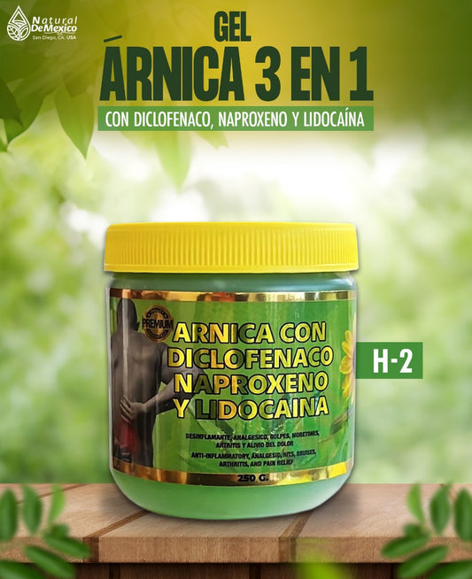 H-2 Gel Árnica 3 en 1 con Diclofenaco, Naproxeno Y Lidocaína 125g