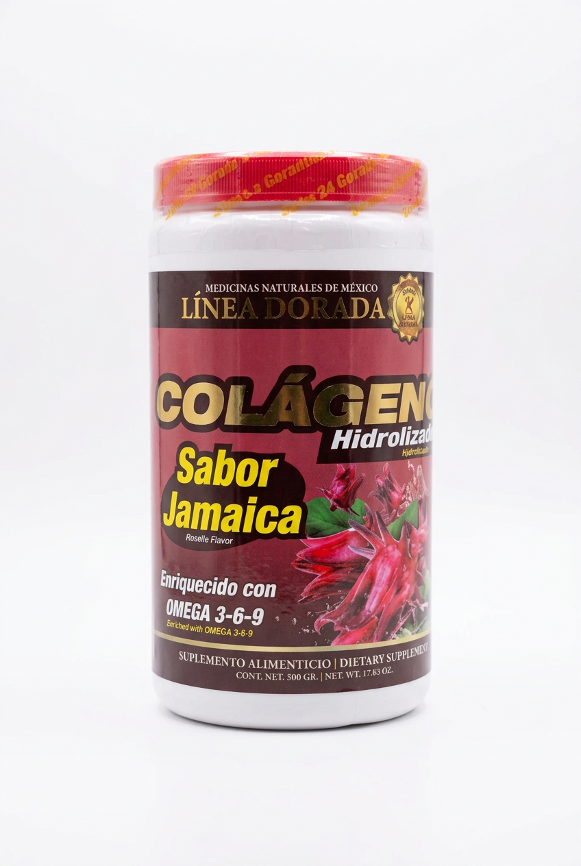 Suplemento Alimenticio Colageno Hidrolizado Enriquecido Con OMEGA 3-6-9 "Sabor Jamaica" 500GR
