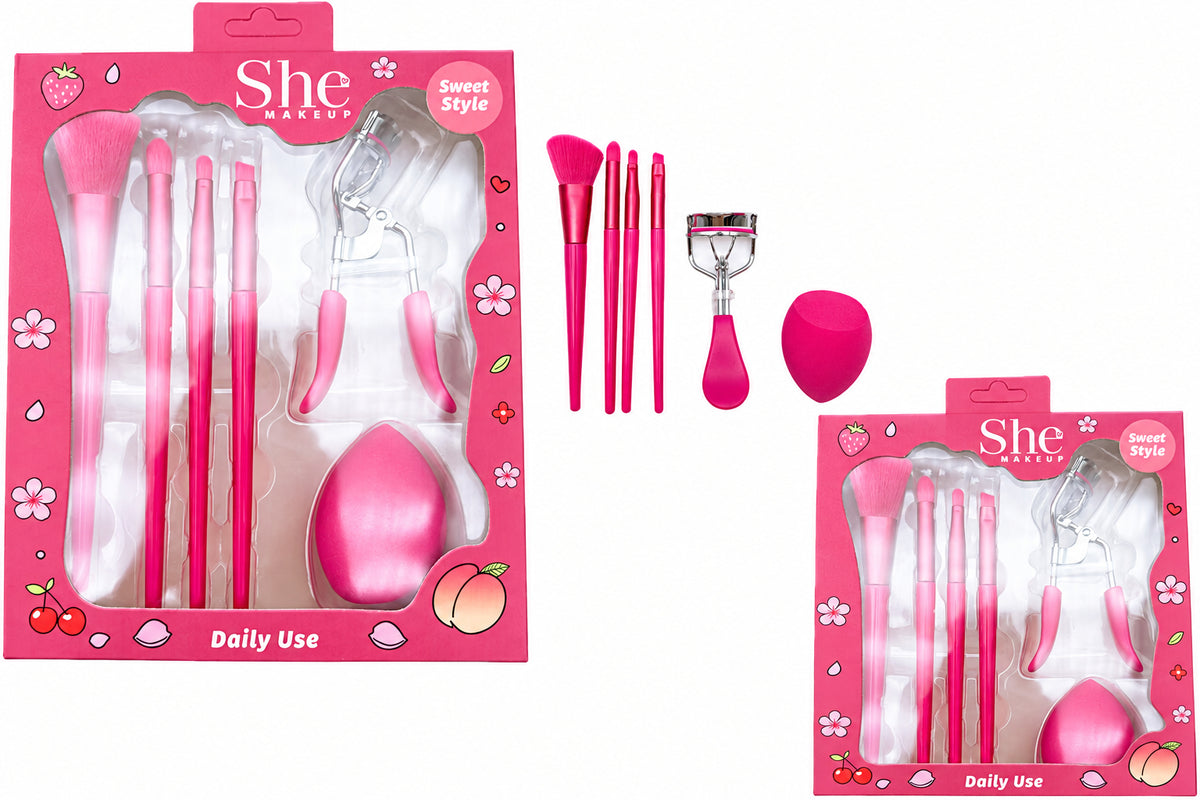 SBR538FS S.HE Makeup Cosmetic Brush and Tool Set with Makeup Sponge & Eyelash Curler (Hot Pink) 3PCS SET