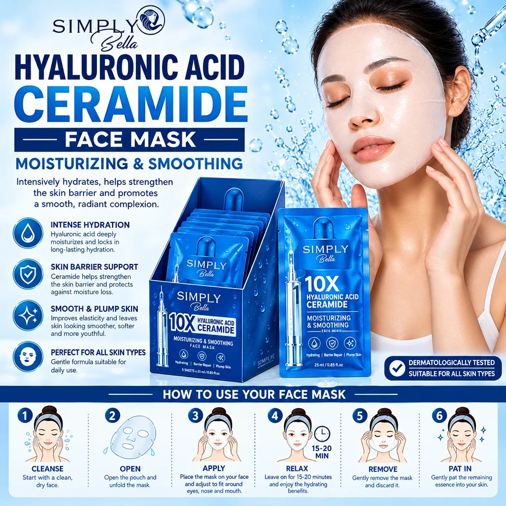Simply Bella Hyaluronic Acid & Ceramide Face Mask Pack (24 Pcs)