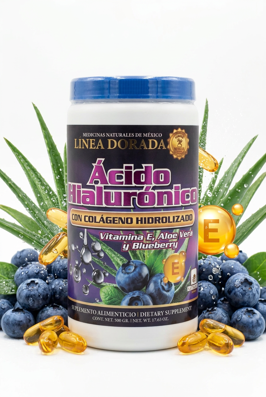 Suplemento Alimenticio Acido Hialuronico Con Colageno Hidrolizado Vitamina E, Aloe Vera Y Blueberry 500GR