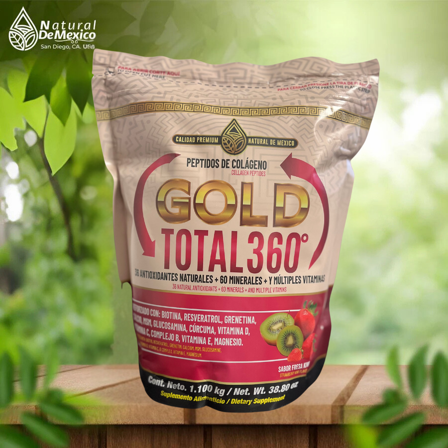 Peptidos De Colageno en Polvo Gold Total 360° Sabor Fresa Kiwi. Cont. 38.80 Oz