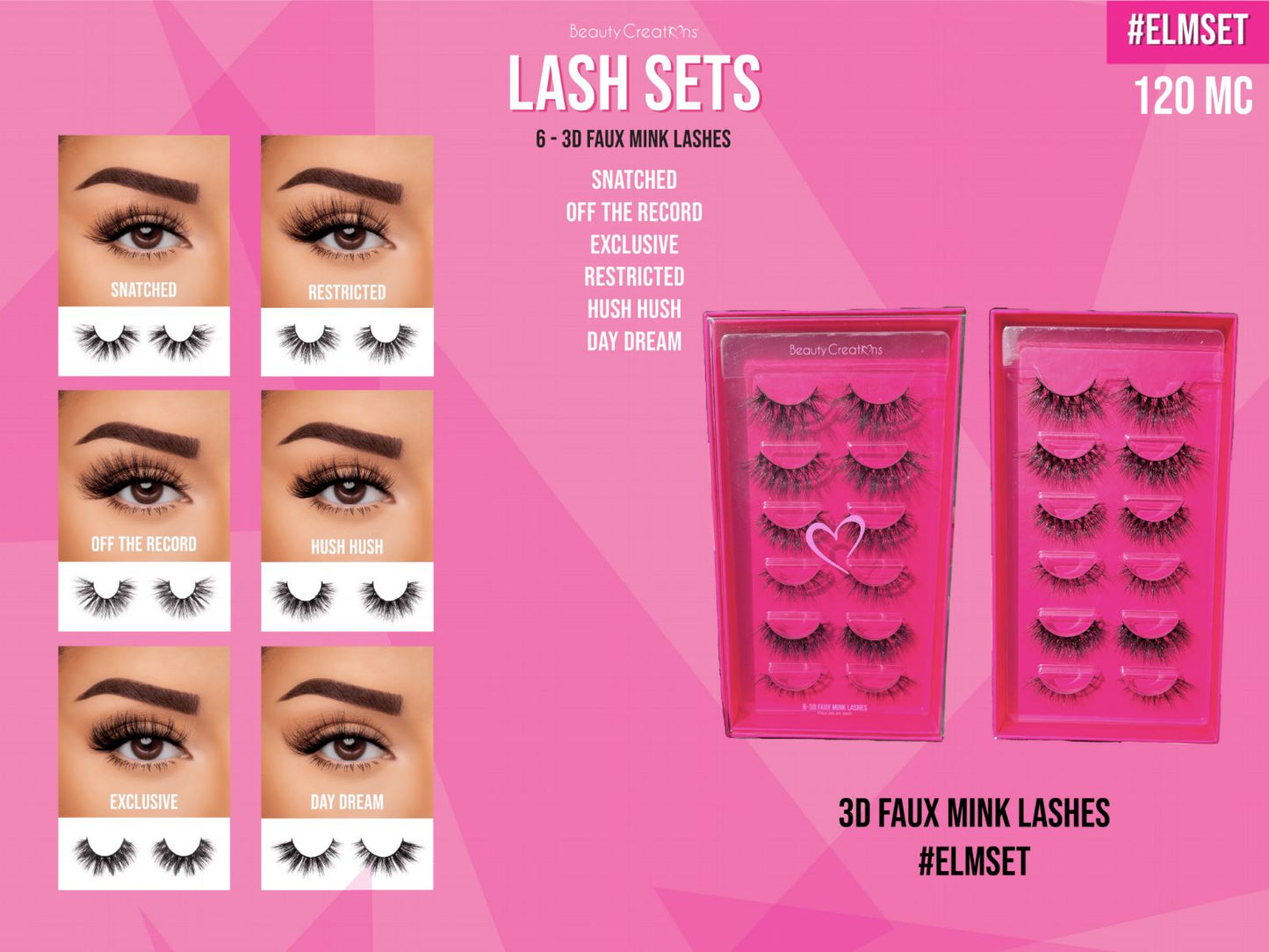 ELMSET-3D Faux Mink Beauty Creations 6 Pairs Lash Set