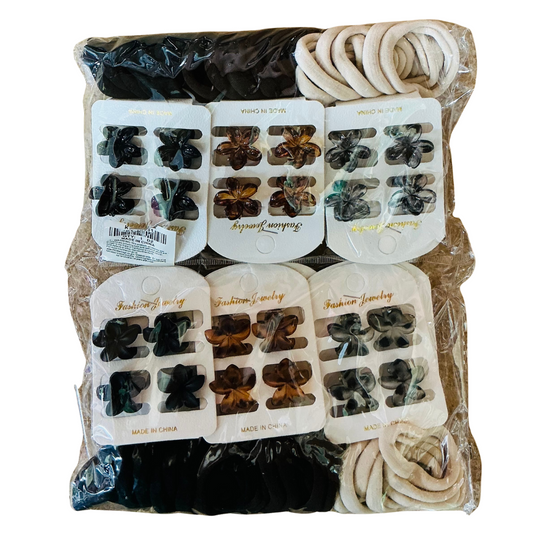 KPT-10931 Glossy & Matte Flower Clips with Hair Bands 12pc Set