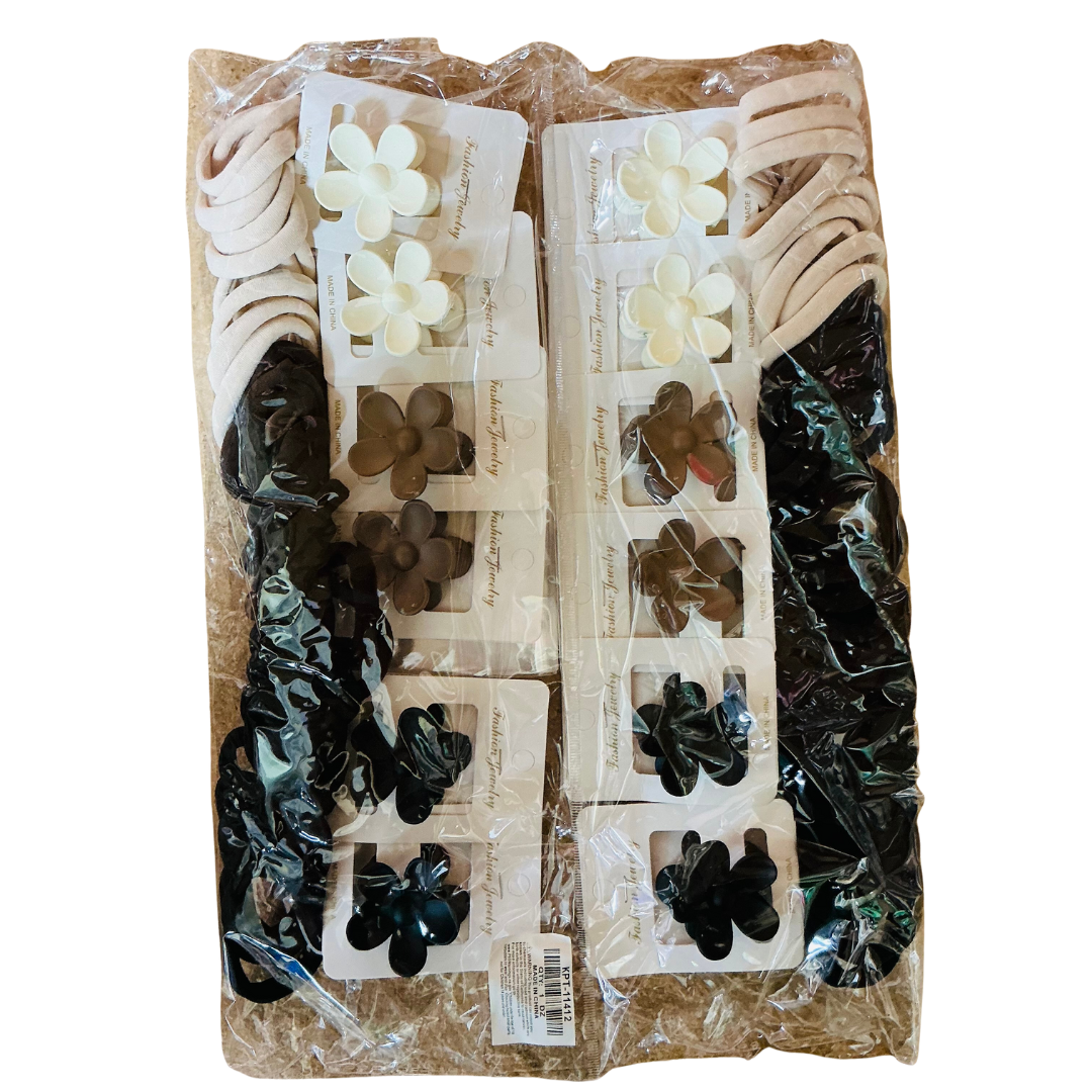 KPT-11412 Matte Flower Clips with Hair Ties 12pc Set
