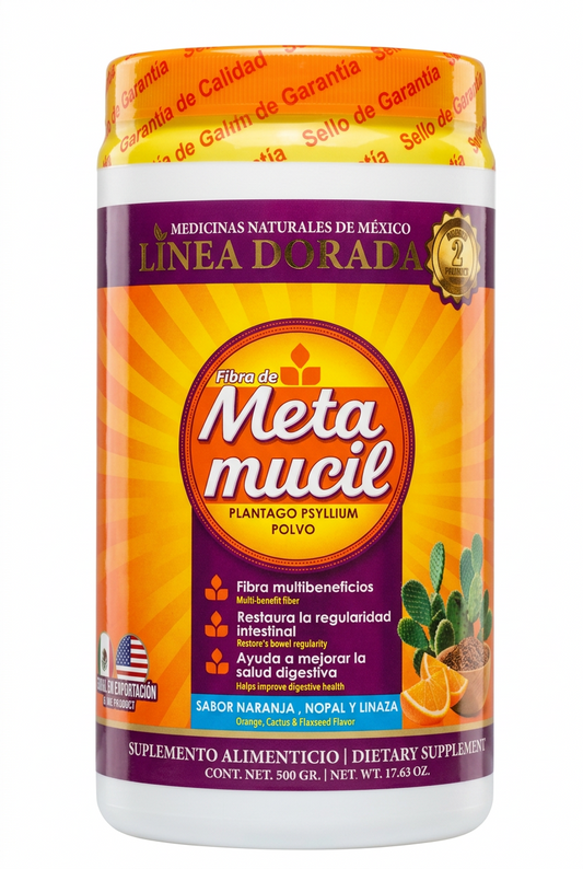 Fibra de Meta Mucil Plantago Psyllium Polvo Sabor Naranja, Nopal y Linaza Cont. 500 g