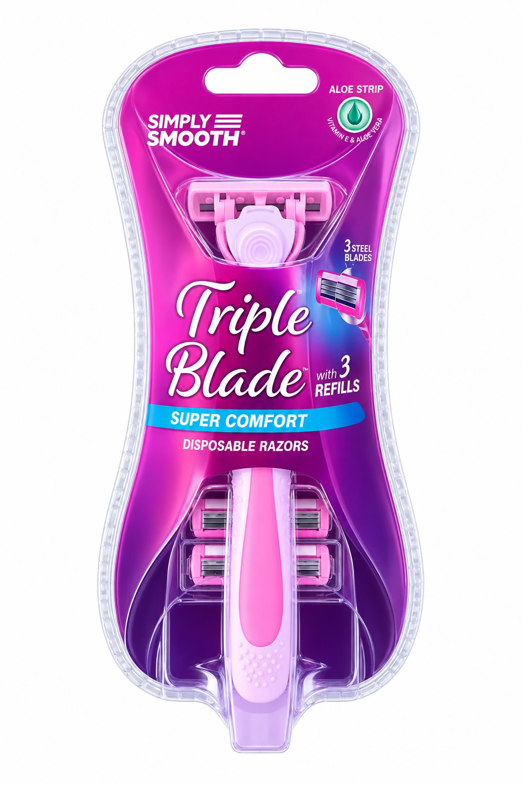 Simply Smooth Triple Blade Disposable Razor With 3 Refills And Aloe Strip "PINK " (3PCS)