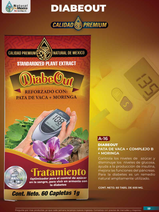 A-16 DiabeOut Con Pata de Vaca+ComplejoB+Moringa Cont. 60 Capletas