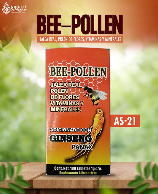AS-21 Bee Pollen Jalea Real, Polen de Flores, Vitaminas y Minerales Cont. 100 Tabletas