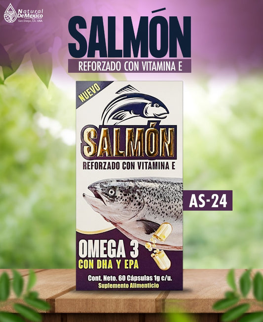 AS-24 Salmón Reforzado con Vitamina E Omega 3 con DHA y EPA Cont. 60 Cápsulas