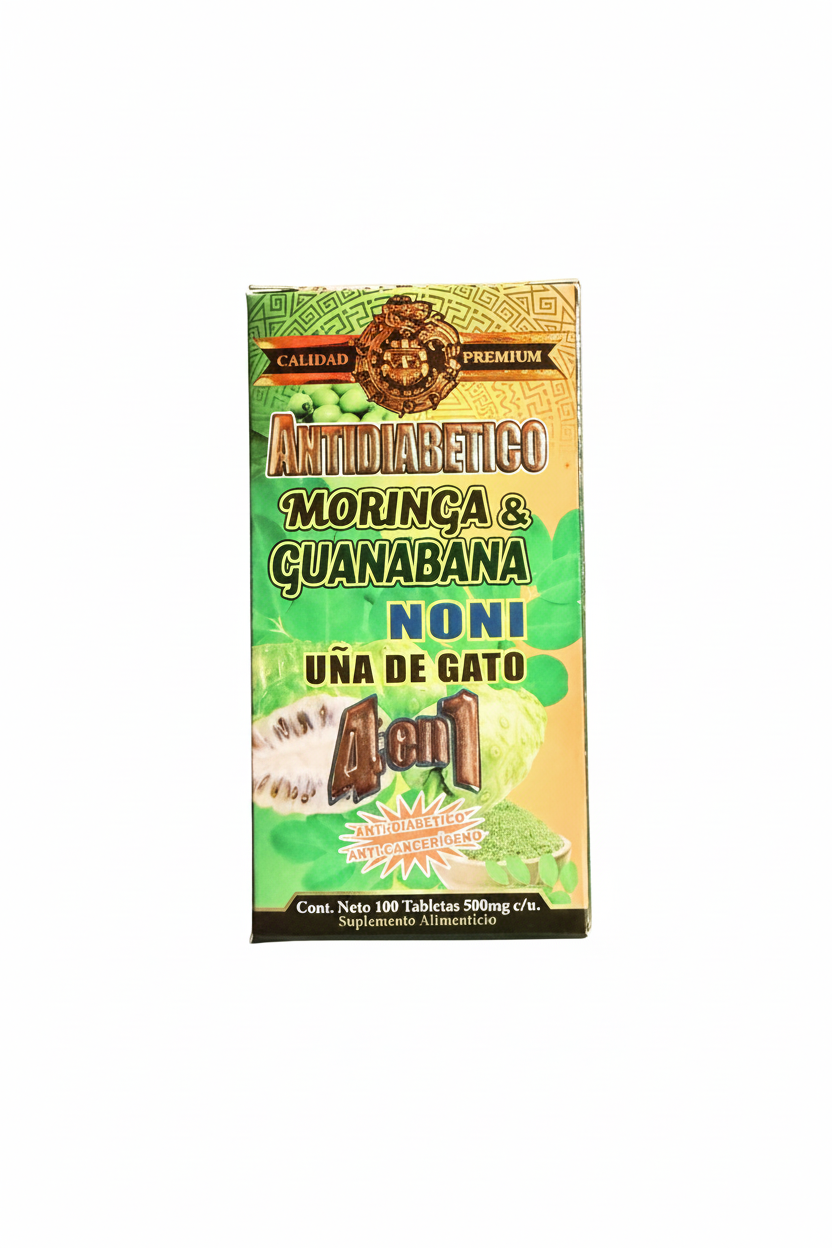 4 EN 1. Antidiabetico Moringa & Guanabana, Noni, Uña De Gato/ 1OO Tabletas