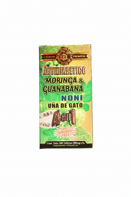 4 EN 1. Antidiabetico Moringa & Guanabana, Noni, Uña De Gato/ 1OO Tabletas