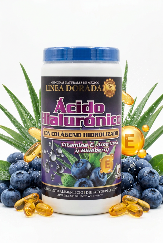 Suplemento Alimenticio Acido Hialuronico Con Colageno Hidrolizado Vitamina E, Aloe Vera Y Blueberry 500GR