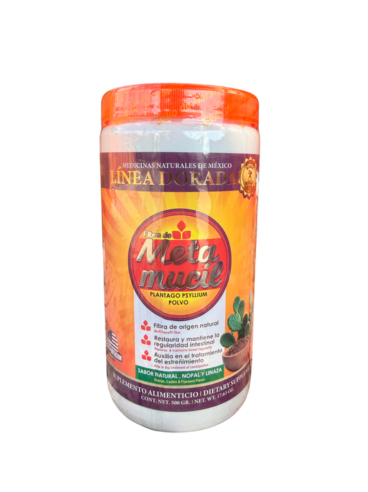 Fibra de Meta Mucil Plantago Psyllium Polvo Sabor Natural, Nopal y Linaza Cont. 500 g